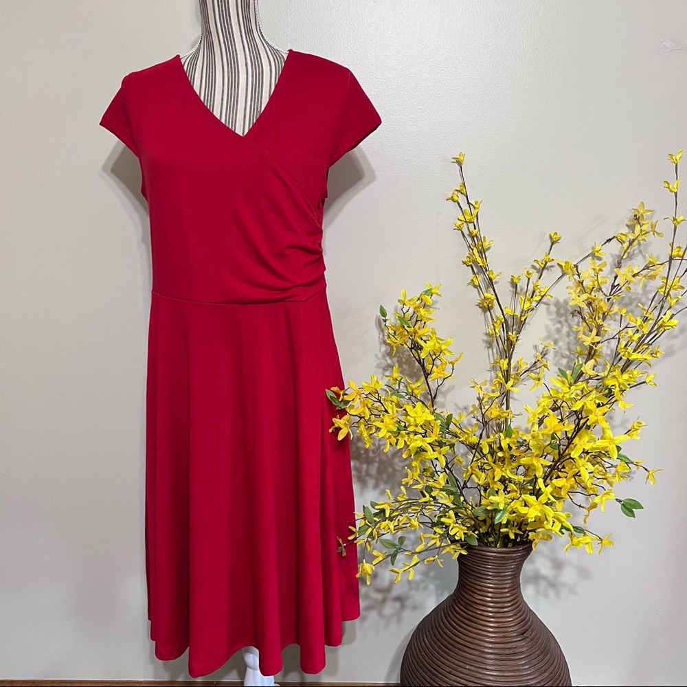 * Oxiuly Fashion Red Faux Front Waist Wrap Midi Dress - Size XL